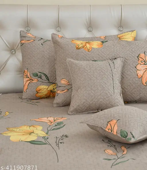 Geometric cotton king size bedsheet set with 2 pillow covers & 2 cushion fillers, ideal for summer. Superfine floral pattern on high-quality flat sheets from Chand Home furnishing