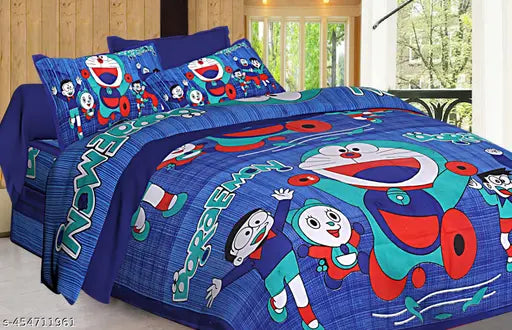 Pure cotton Doraemon flat sheets, double size (108x108 inches), ideal for summer, includes 2 pillow covers, hand washable, Made in India