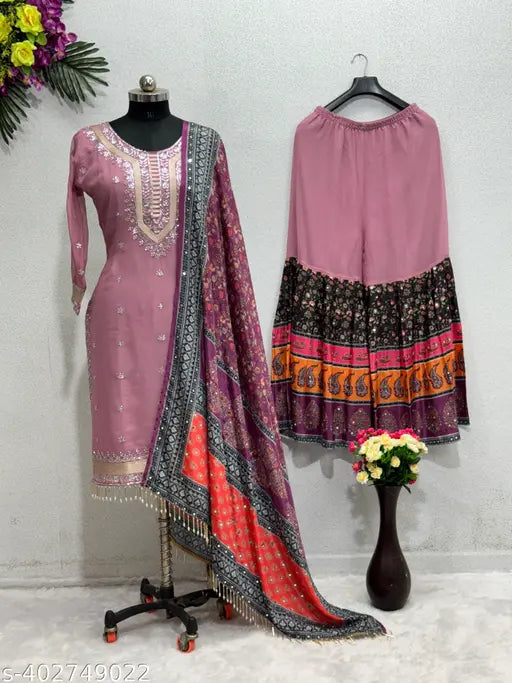 New Designer Georgette Sequin Work Pakistani Suit - XL, printed net kurta with sharara bottom and dupatta