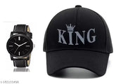 Adjustable cotton baseball cap with analog watch combo, black belt design - Diwili gift pack for casual to formal wear, perfect for men and boys