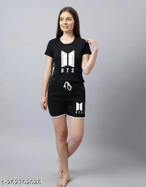 Black cotton blend BTS night suit with printed net detail, featuring t-shirt top and shorts bottom, suitable for sizes XS to XL
