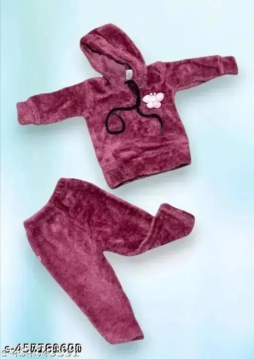 Dark purple kids hoodie set with teddy print, soft fur material for cozy comfort and play