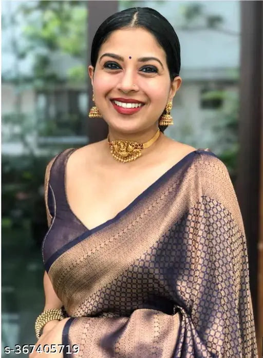 Bright Kanjeevaram silk saree with cotton blend, Zari woven pattern, free size, made in India