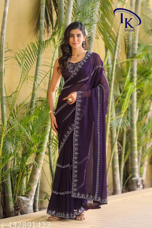 Embroidered Georgette saree with Bangalori silk blouse, trendy party wear, free size, India