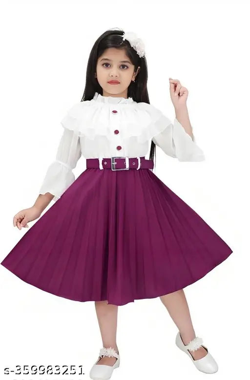 Crepe three-quarter sleeve frock with belt for kids (4-5yrs, 5-6yrs, 6-7yrs), gentle on skin, Indian origin
