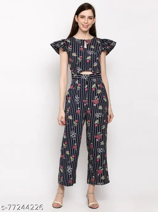Navy blue crepe short-sleeve women's floral keyhole neck jumpsuit, printed net pattern for parties, events, or casual wear