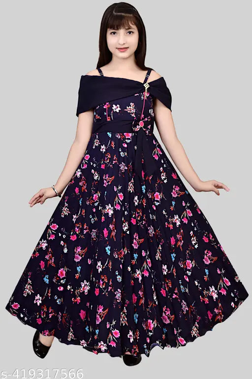 Printed cotton blend frocks gown dresses for kids aged 4-12 years, short sleeves, vibrant net pattern