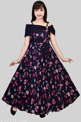 Printed cotton blend frocks gown dresses for kids aged 4-12 years, short sleeves, vibrant net pattern