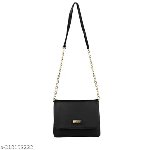 Black faux leather ALSU Women's Sling Bag, perfect for party wear with 2 compartments and magnetic closure