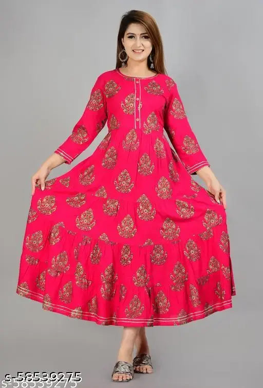 Rayon pink and gold three-quarter sleeve kurti with printed combo, style for women on mannequin