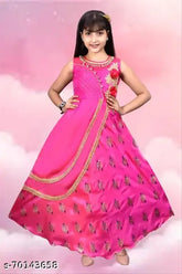 Pink poly silk IndoWestern net maxi dress for girls, embellished with intricate embroidery. Perfect for party or wedding wear." (98 characters)