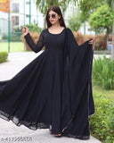 Black georgette maxi gown with dupatta, solid color, full-length, long sleeves, Indian women's wear on mannequin