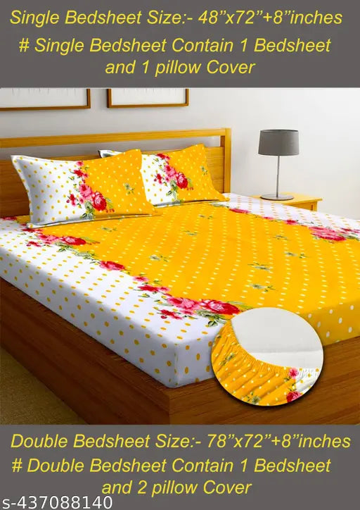 Yellow glace cotton fitted bedsheet with 2 pillow covers, 72x78x8 inches, ideal for up to 8-inch mattresses. Floral print, soft, and easy to wash at home. Perfect for a modern double king bed