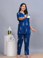 Blue rayon pyjamas, printed night suit 001 in blue color on display