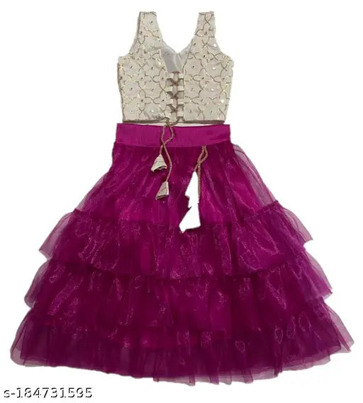 Kids taffeta silk lehenga choli set, floral-stitched net with sleeveless top and matching dupatta, perfect for 6-8 years old princesses, Indian origin