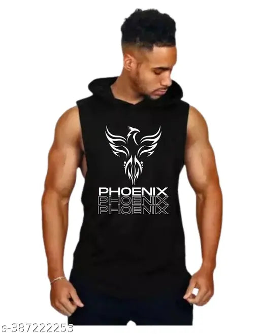 Black polyester net men's phoenix printed gym vest, popular Indian fitness wear for M, L, XL, XXL