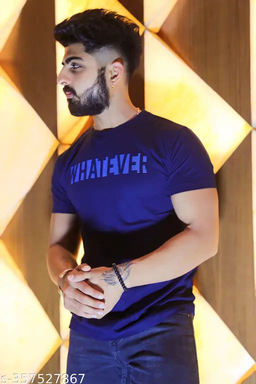 Blue cotton-blend men's T-shirt with premium HD design, oversized fit for all seasons