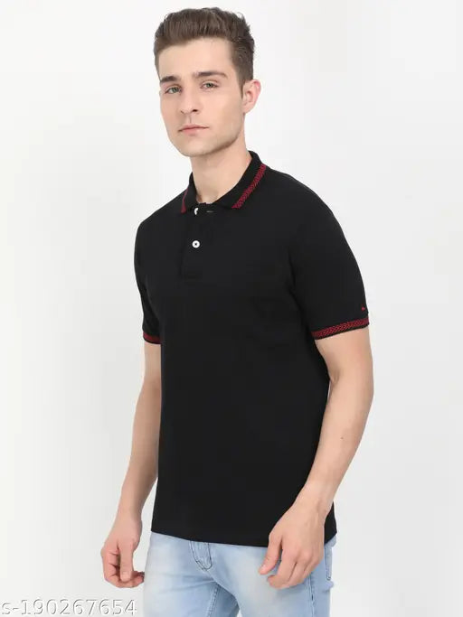 Black cotton short sleeve polo t-shirt, Masculino Latino Men's Solid Regular quality knitted tee, 100% Bio Washed premium product, machine washable in cold water