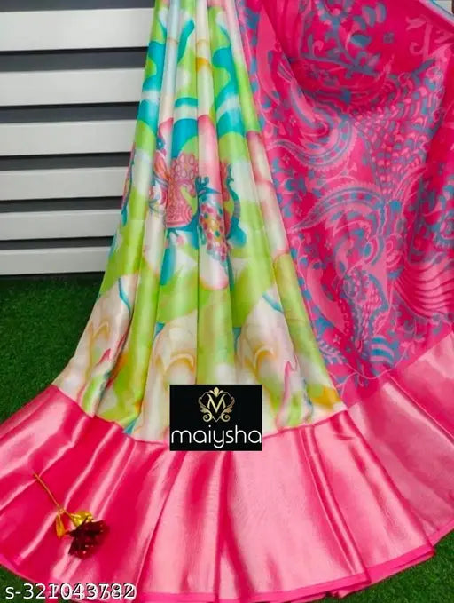 Dusty print Brasso Moss Chiffon saree, soft and smooth, premium quality with peacock border and contrast blouse, popular in South Indian states