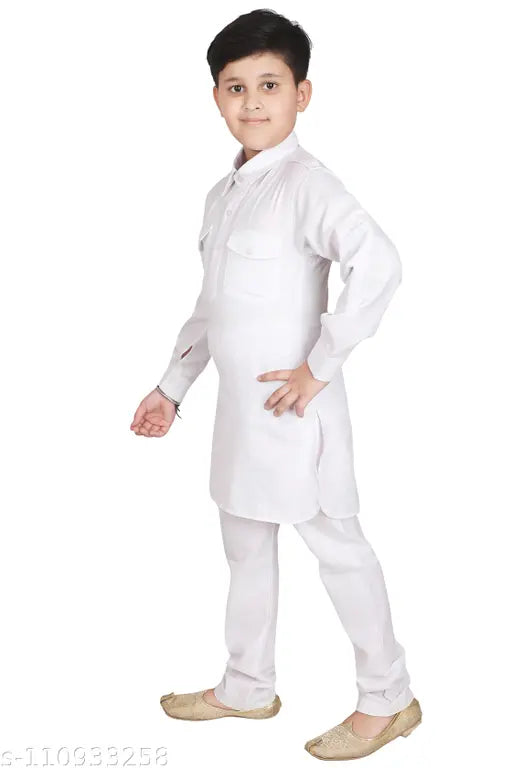 Kids Pathani cotton kurta pajama set, solid pattern for children's traditional clothing, long sleeves