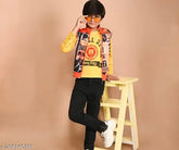 Stylish cotton boys' outfit set, featuring a printed full sleeve T-shirt with cut sleeve jacket combo. 2-3 Years size, India origin