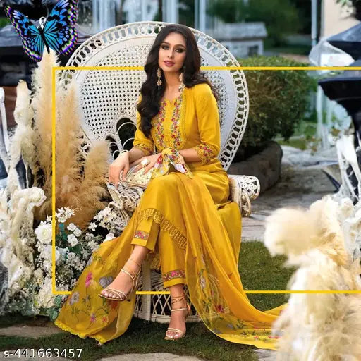 Silk blend ethnic motifs embroidered Anarkali Kurta set with Palazzo & dupatta, three-quarter sleeves, calf length. Indian handcrafted silk blends with printed patterns and sequins. Sizes: S - XXL