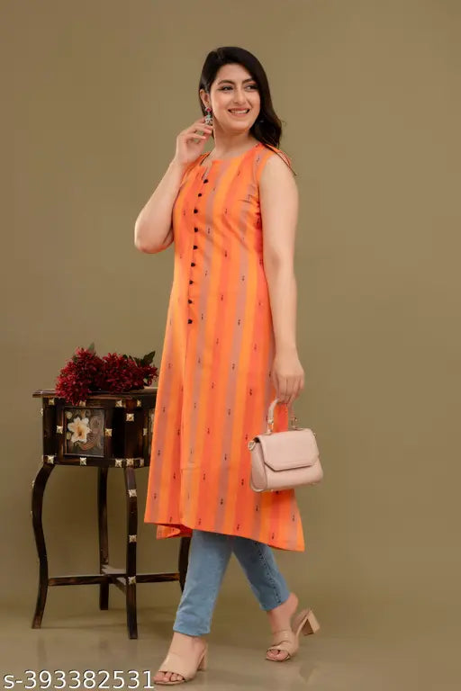 Embroidered cotton sleeveless front slit kurti for women, stylish fashion in sizes S-XXL, made in India