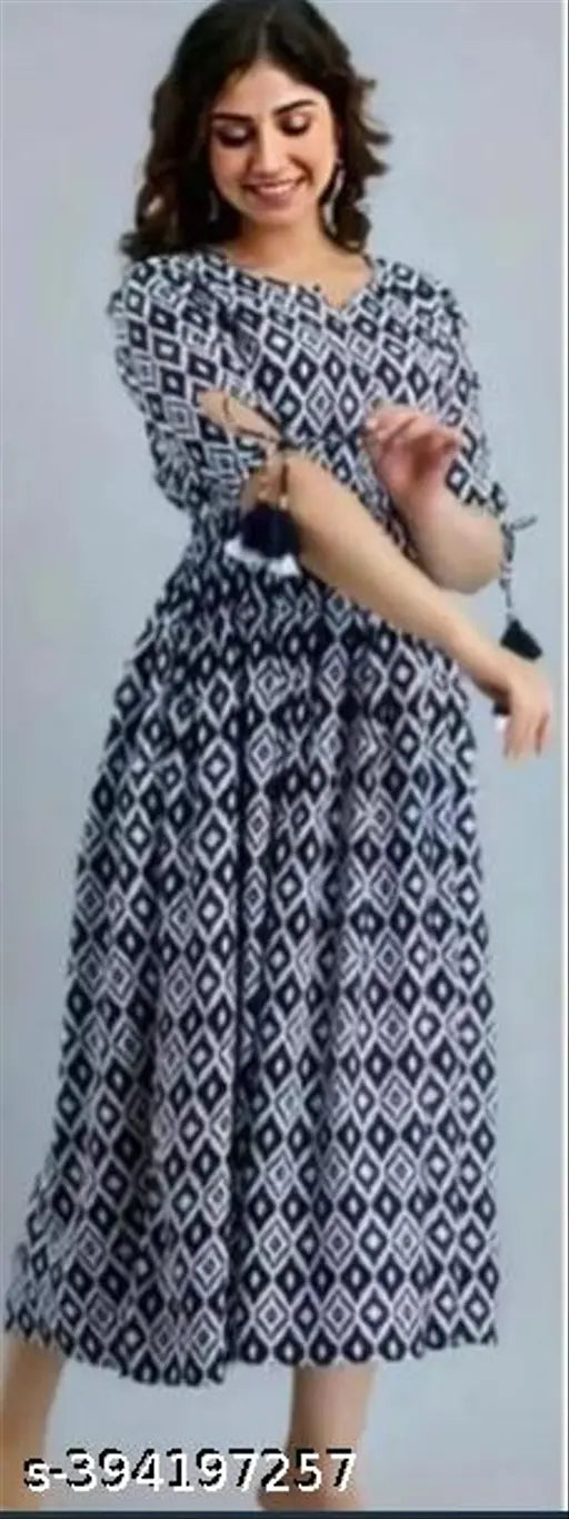 Indigo Illusion Blue Printed Rayon Gown, short sleeves, ankle-length for women - elegant and versatile, perfect for parties or casual outings. Available in various colors and sizes