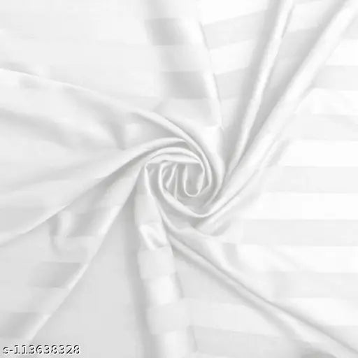 White, elastic-fitted 250 TC cotton double bedsheet with two pillow covers, striped design, suitable for hotel or home, size 72x78x10 inches