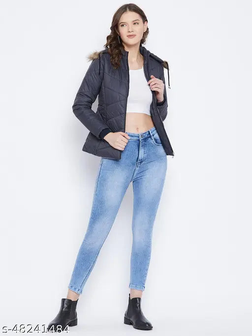 Navy polyester full-sleeve parka jacket, solid design by Vero Amore, quilted with quality polyfill, detachable faux fur hood, three pockets (1 inside, 2 outside)