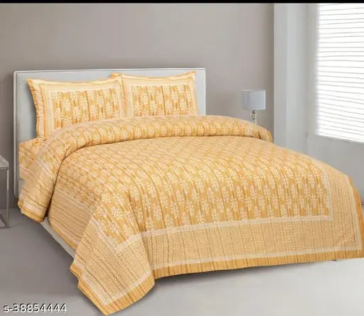 Yellow cotton striped flat sheets, Qfab king size double bed for AC room, includes 2 pillow covers