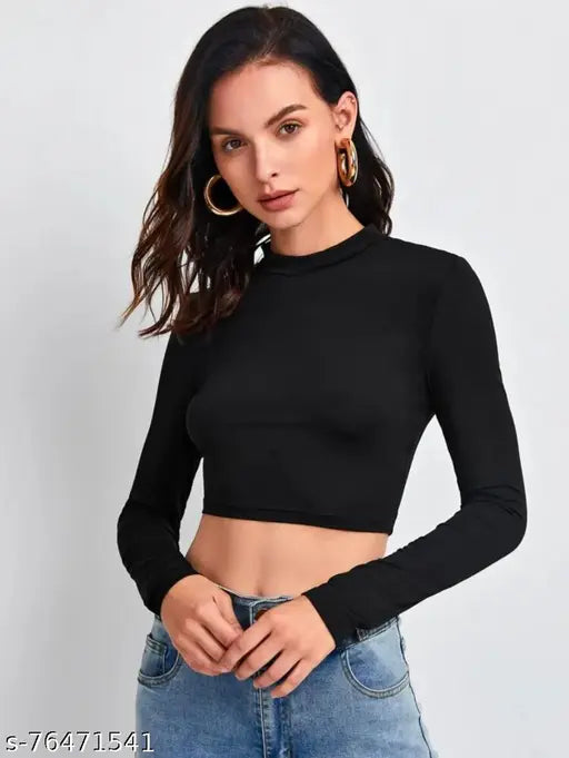 Black polyester blend casual crop top, full sleeves, solid design for women's XS to XL sizes