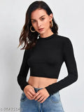 Black polyester blend casual crop top, full sleeves, solid design for women's XS to XL sizes