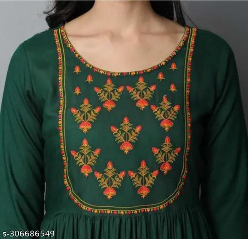 Green rayon cotton kurti, embroidered three-quarter sleeve women's top from India