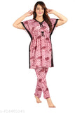 Printed satin knee-length kaftan night suit set for women & girls - featuring a top and pyjama set with short sleeves, available in sizes L, XL, XXL, XXXL. Made in India