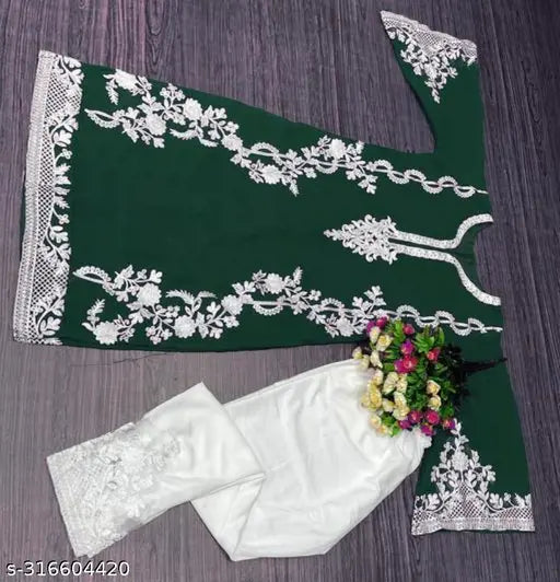 Green Georgette Salwar Suit Set, heavy embroidery work, full-sleeved top and white pant, women's formal wear from new Indian designer