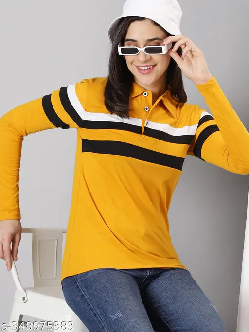 Yellow striped cotton blend AUSK women's t-shirt, colorblocked design, versatile fashion choice