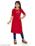 Red and yellow embroidered net cotton kurti & kurtas combo for cute girls (5-16 years), modern design on display rack