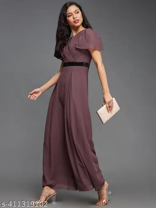 Mauve Georgette women's jumpsuit with V-neck and short sleeves, zip closure and slit pocket, size M (38in bust, 55in length, 31in waist), made in India