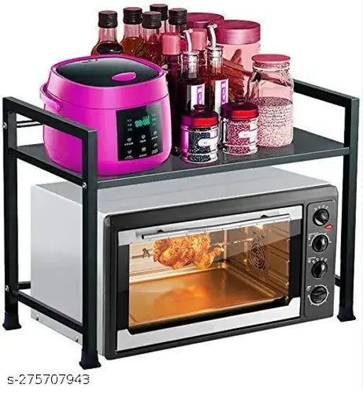 Green Touch Iron microwave stand for kitchen counter, saves space with hooks, multi-purpose storage solution, Made in India