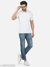 Solid white cotton polo t-shirt with blue tipping, short sleeves, and one pocket - Made in India for everyday use