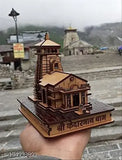 Handcrafted small size wooden Kedarnath temple model, intricate double-sided tap design, 15cm x 13cm x 8cm, perfect for spiritual decor