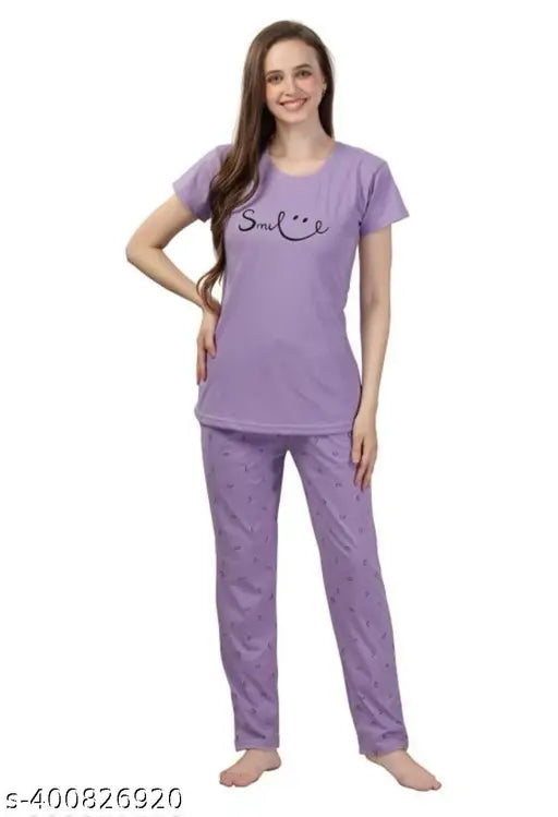 Purple hosiery cotton printed half sleeve T-shirt and pyjama pants nightsuit set for ladies, sleepwear - India