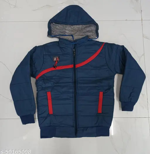 Kids boys polyester long sleeve winter jacket with cap, colorblock bomber style. Warm hooded design for winter wear, featuring adjustable drawstring hood and multiple pockets