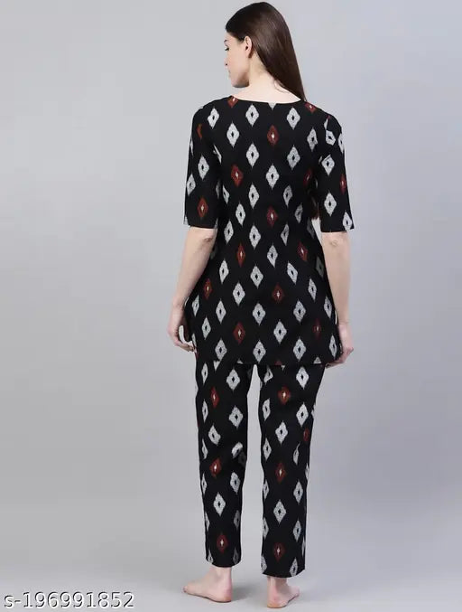 ASN Women black & white printed rayon night suit - XS/S, three-quarter sleeves, Indian-made pyjamas set on hangar