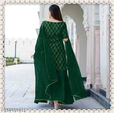 Gold-printed rayon kurta set with sharara dupatta & chiffon sleeves in Indian check pattern. Single size available