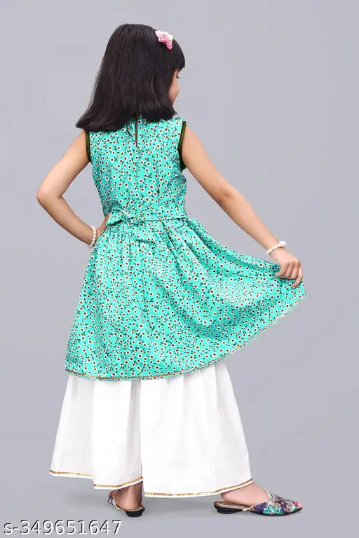 Festive collection Firozi Palazzo Kurta set for girl, printed crepe anarkali top & dhoti pants, sizes 12-18 months to 7-8 years, Indian fashion