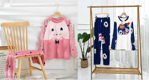 Pink woolen girls' regular nightsuit with long sleeves and floral print, warm winter wear for cozy comfort