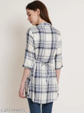 Off-white and blue rayon checkered tunic for women, three-quarter sleeves, pleats detailing, attached side belts, raised mandarin collar