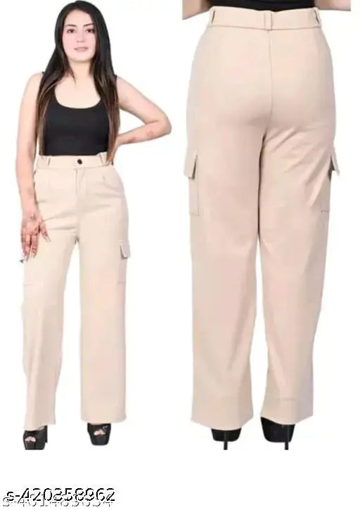 Cream cotton blend cargo pants for woman, high rise, straight fit, slanted inset pocket & patch with flap, casual and formal wear